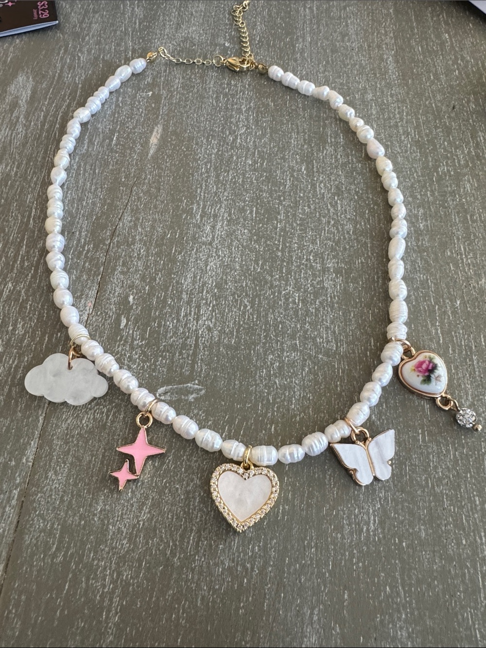 Pearl Bead Charm Necklace with Heart, Butterfly & Floral Charms